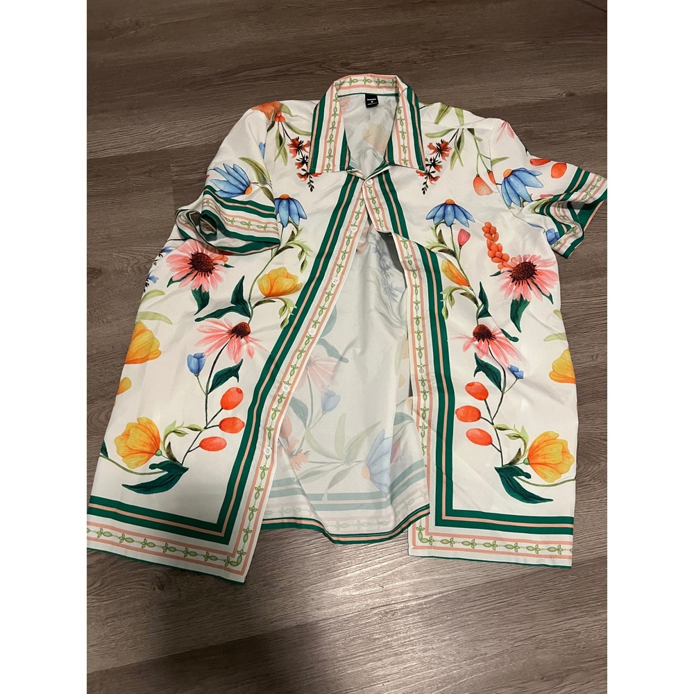 Manfinity Mens Floral Button Down Shirt White Green Orange Short Sleeve Size M